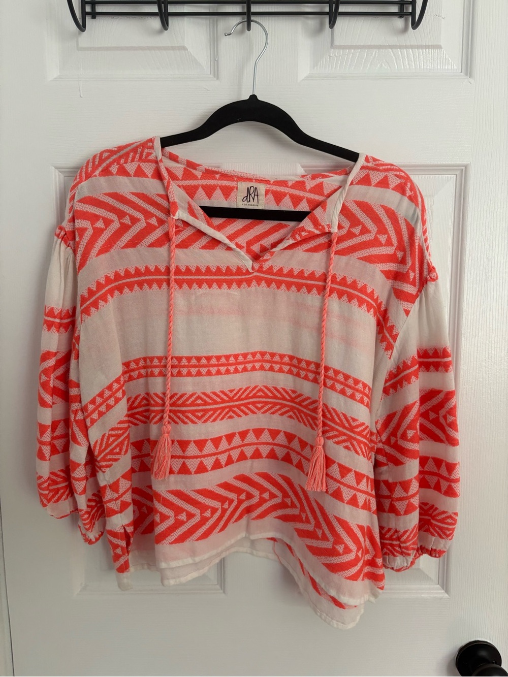 Lightweight Aztec-Stripe Tie-Front Blouse in Coral